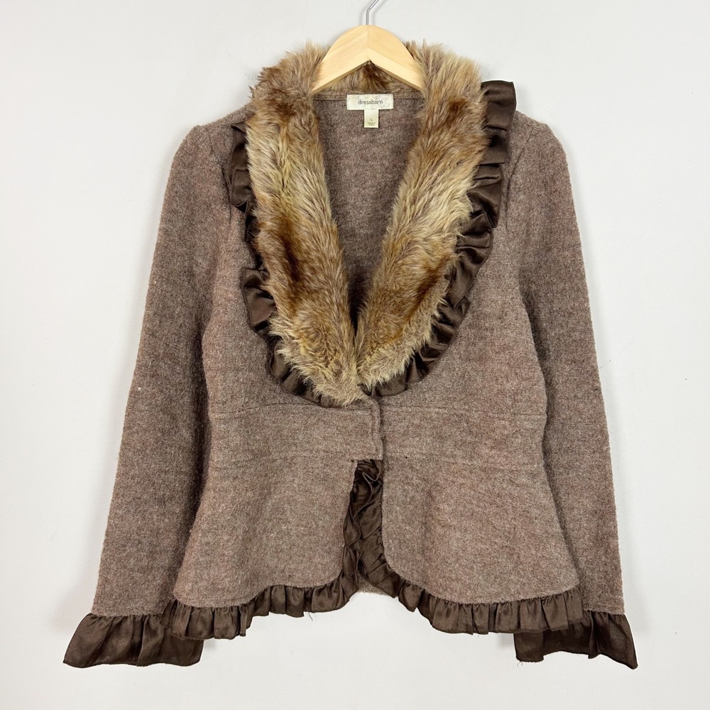 Y2K Dressbarn Wool Cardigan Sweater Brown Faux Fur Trim Size Large Women's